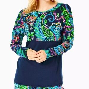 Lilly Pulitzer Finn Navy Blue Paisley Floral Mixed Long Sleeve Top Small NWOT
